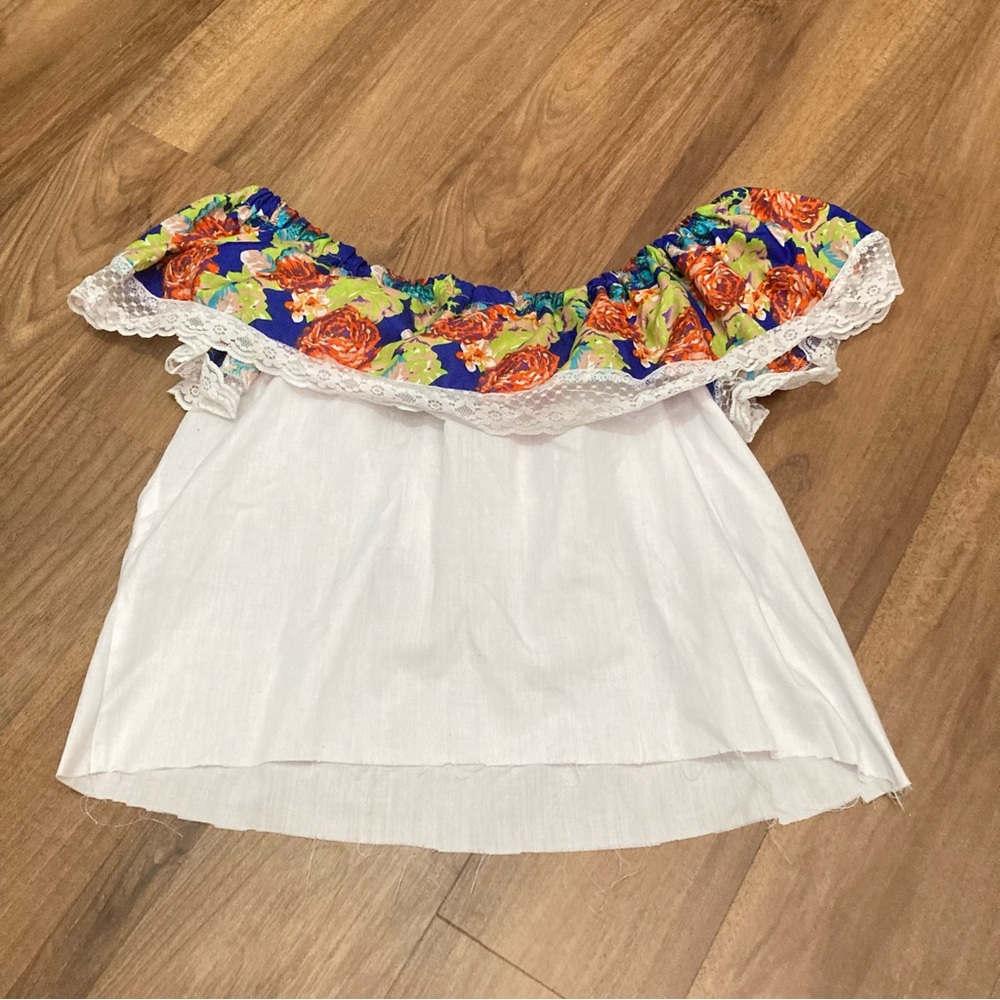 Vtg 1970s Handmade Off the Shoulder Peasant Blouse Hippy Bohemian Floral